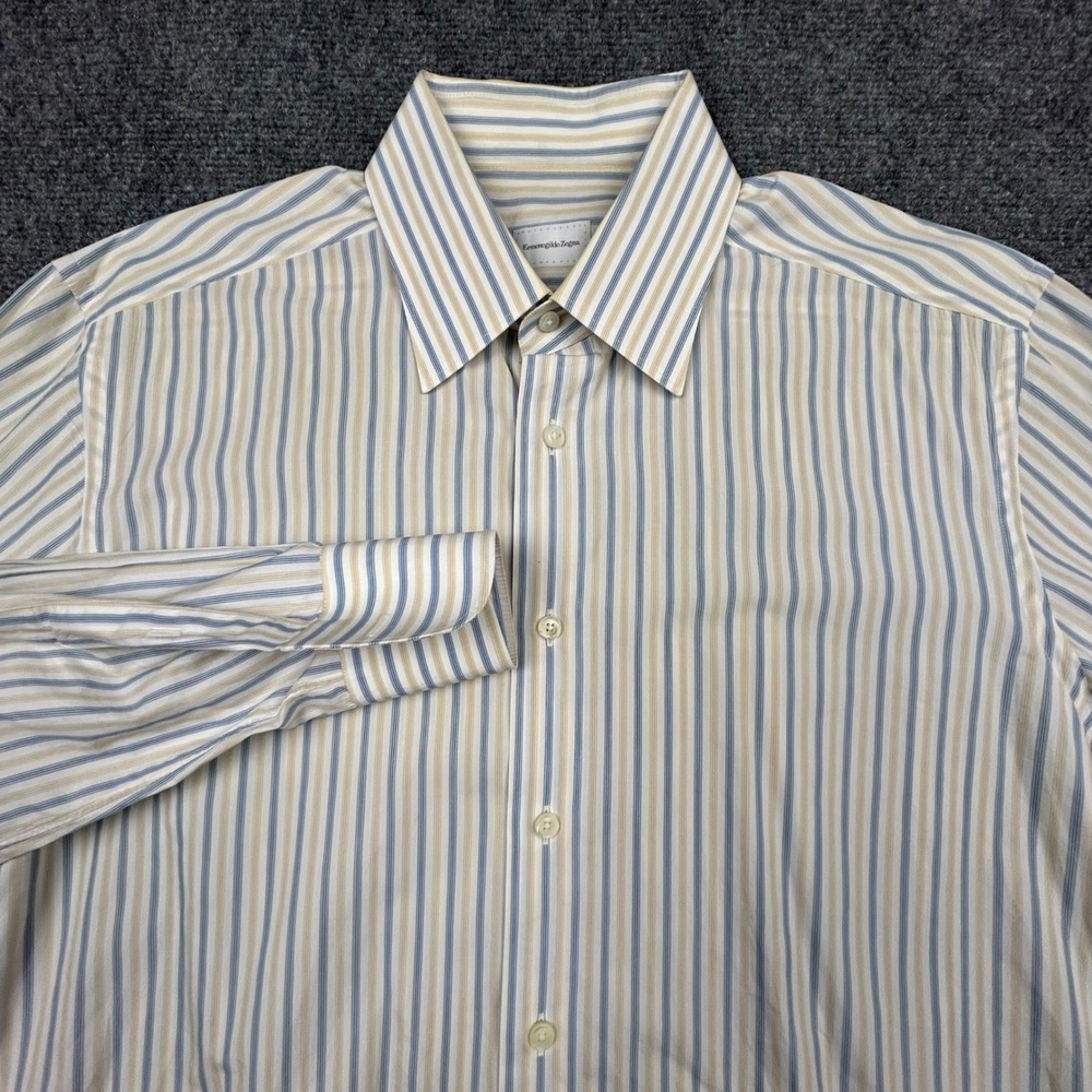 Ermenegildo Zegna Button Up Shirt Men 42/16.5 Blue Yellow Striped Regular Luxury